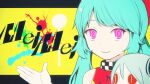  aimaina alternate_costume aqua_hair blue_hair bow closed_mouth dress hatsune_miku highres low_twintails pink_eyes pinocchio-p red_bow red_headwear smile song_name song_request twintails upper_body vocaloid yellow_background yellow_dress 