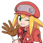  1girl black_shirt blonde_hair brown_gloves cabbie_hat commentary_request gloves green_eyes grin hand_up hat highres jacket looking_at_viewer mega_man_(series) mega_man_legends muu_(mumumer) one_eye_closed red_headwear red_jacket roll_caskett_(mega_man) shirt short_sleeves simple_background smile solo upper_body white_background 