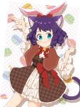  animal_humanoid black_hair blue_eyes blush bow_ribbon cat_humanoid chipfar clothing cyan_hijirikawa domestic_cat dress fake_ears fake_rabbit_ears felid felid_humanoid feline feline_humanoid felis female food_background hair hi_res humanoid mammal mammal_humanoid purple_hair sanrio show_by_rock!! simple_background solo 