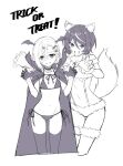  2girls :d animal_costume animal_ear_fluff animal_ears bat_hair_ornament bat_ornament bat_wings bell bikini black_cloak black_gloves black_thighhighs blush bob_cut bow breasts choker christina_brecht claw_pose claws cloak counter:side cowboy_shot elbow_gloves english_text eyebrows_hidden_by_hair fangs food-themed_hair_ornament fur-trimmed_gloves fur-trimmed_thighhighs fur_bikini fur_collar fur_trim gloves grey_eyes grin hair_between_eyes hair_bow hair_ornament half_gloves halloween halloween_costume head_wings high_collar highres jingle_bell light_blush looking_at_viewer midriff monochrome multicolored_hair multiple_girls navel neck_bell nervous_smile parted_bangs pumpkin_hair_ornament revenant_(counter:side) short_hair side-tie_bikini_bottom side_ponytail simple_background sketch skull_hair_ornament smile streaked_hair supernew suspenders swimsuit swimsuit_under_clothes tail thighhighs trick_or_treat underboob vampire_costume white_background white_thighhighs wings wolf_costume wolf_ears wolf_tail 