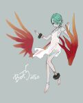  1girl barefoot breath_of_fire breath_of_fire_v dress full-body_tattoo full_body green_hair jewelry nina_(breath_of_fire_v) red_wings see-through short_hair simple_background solo tattoo white_dress wings yutsuki 