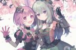  2girls animal_ears black_gloves bow buttons dress flower frilled_gloves frills gloves green_eyes hair_bow kusanagi_nene long_hair multicolored_clothes multicolored_dress multiple_girls ootori_emu pink_eyes pink_flower pink_gloves pink_hair project_sekai puffy_short_sleeves puffy_sleeves purple_eyes rabbit_ears sha_(nz2) short_sleeves very_long_hair wonder_magical_showtime!_(project_sekai) 