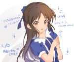  1girl black_hair blue_bow blue_dress blush bow brown_eyes dress hair_bow idolmaster idolmaster_cinderella_girls idolmaster_cinderella_girls_u149 long_hair looking_at_viewer niii open_mouth own_hands_together short_sleeves sketch smile solo tachibana_arisu upper_body white_background 