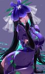  1girl black_gloves black_hair breasts elbow_gloves gloves heart heart-shaped_pupils large_breasts long_hair looking_at_viewer purple_eyes raptor7 sidelocks smile solo symbol-shaped_pupils thighhighs touhou unfinished_dream_of_all_living_ghost very_long_hair wide_hips yomotsu_hisami 