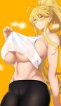  1girl ahoge artoria_pendragon_(fate) artoria_pendragon_(swimsuit_ruler)_(fate) blonde_hair blush braid breasts fate/grand_order fate_(series) french_braid green_eyes hair_between_eyes large_breasts long_hair looking_at_viewer ponytail sidelocks soba_(saz) solo sweat thighs 
