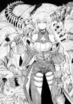  1girl absurdres belt blood blood_on_weapon breasts copyright_request creature extra_eyes fol463 gloves greyscale heart heart_(organ) highres holding holding_heart holding_sword holding_weapon long_hair looking_at_viewer medium_breasts monochrome monster open_mouth spine sword weapon 