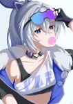  1girl absurdres adjusting_goggles bubble_blowing choker commentary_request crop_top eclipse. goggles goggles_on_head grey_eyes grey_hair highres honkai:_star_rail honkai_(series) jacket long_hair looking_at_viewer midriff shirt silver_wolf_(honkai:_star_rail) single-shoulder_shirt single_bare_shoulder solo upper_body white_shirt 