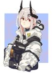  1girl arknights black_horns blush closed_mouth ear_piercing grey_hair hair_between_eyes hair_ornament horns infection_monitor_(arknights) jumpsuit mudrock_(arknights) piercing pointy_ears red_eyes sagamiso simple_background solo twitter_username white_jumpsuit 