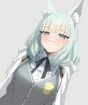  1girl :3 animal_ear_fluff animal_ears arknights black_ribbon blush breasts cape cat_ears collared_shirt dutch_angle green_eyes green_hair grey_background grey_sweater_vest harmonie_(arknights) long_hair looking_at_viewer neck_ribbon ribbon shirt simple_background skeptycally small_breasts smug solo sweater_vest twitter_username upper_body white_cape white_shirt 