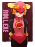  1girl blonde_hair blush bodysuit commentary_request gloves green_eyes helmet highres kainan leotard long_hair looking_at_viewer mega_man_(series) mega_man_battle_network_(series) netnavi pink_bodysuit pink_gloves pink_headwear pink_leotard roll.exe_(mega_man) smile solo 