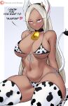  1girl animal_costume animal_ears animal_print arms_behind_back bare_shoulders bell bikini boku_no_hero_academia breasts closed_mouth cow_costume cow_girl cow_horns cow_print cow_tail cowbell dark-skinned_female dark_skin english_commentary funi_xd heart highres horns large_breasts long_eyelashes long_hair looking_at_viewer midriff mirko navel neck_bell parted_bangs rabbit_ears rabbit_girl red_eyes smile solo swimsuit tail thick_thighs thighhighs thighs toned white_hair 