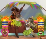  anthro asinus black_hooves blue_eyes brown_body brown_hair coconut_bra dancing donkey duo equid equine eyelashes female fire grey_body grey_hair hair hi_res hooves huskii-s kneeling leaf_skirt long_hair mammal narrowed_eyes outside red_eyes smile standing tail tail_tuft tan_body tuft white_body 