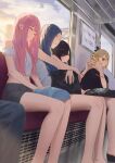  1other 4girls bag_on_lap bare_arms bare_legs bare_shoulders black_hair black_shirt blonde_hair blue_hair cropped_shirt drooling enokawa_kokoro facepaint hara_kenshi heart highres kimishima_touka kunitomi_ryouka kuroba_mitsuha leaning_on_person light_smile looking_at_phone mouth_drool multiple_girls off-shoulder_shirt off_shoulder original phone pink_hair shirt sitting sleeping sleeveless sleeveless_shirt sunlight sunset taking_picture train_interior 