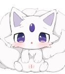  amber_(makemon) asian_mythology azuo blush canid canine east_asian_mythology female feral fox fur genitals hi_res japanese_mythology makemon mammal multi_tail mythology plump_labia presenting presenting_pussy purple_eyes pussy simple_background solo tail white_background white_body white_fur yokai 