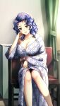  1girl black_panties blue_hair breasts brown_eyes cleavage collarbone curly_hair doukyuusei doukyuusei_another_world game_cg head_rest indoors japanese_clothes kimono kusanagi_yayoi large_breasts long_hair looking_at_viewer off_shoulder panties parted_lips print_kimono sitting smile solo sumeragi_kohaku underwear white_kimono 