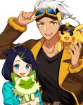  1boy 1girl :d adjusting_goggles belt black_hair black_shirt blue_eyes brown_belt brown_jacket captain_pikachu clothed_pokemon commentary_request eyelashes friede_(pokemon) goggles goggles_on_head green_jacket hair_ornament hairclip happy highres ichi_(1dotdot_151) jacket liko_(pokemon) open_clothes open_jacket open_mouth pikachu pokemon pokemon_(anime) pokemon_horizons shirt simple_background smile sprigatito teeth tongue upper_teeth_only white_background white_hair yellow_eyes 