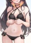  1girl bikini black_bikini black_ribbon blush breasts criss-cross_halter cropped duplicate gradient_hair halterneck head_out_of_frame highres hololive hololive_english long_hair multicolored_hair navel ninomae_ina&#039;nis ribbon scarlet_(wv0102) side-tie_bikini_bottom simple_background smile solo swimsuit tentacle_hair virtual_youtuber white_background 