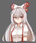  1girl :/ bow buttons collared_shirt fujiwara_no_mokou grey_background hair_bow hime_cut layru long_hair looking_at_viewer looking_to_the_side puffy_short_sleeves puffy_sleeves red_eyes shirt short_sleeves sidelocks simple_background solo suspenders touhou v-shaped_eyebrows very_long_hair white_bow white_hair white_shirt 