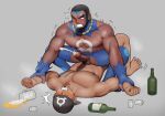  2boys absurdres anal bandana bara blush bottle character_request clenched_teeth clothed_male_nude_male clothed_sex cowgirl_position cum dark-skinned_male dark_skin ejaculating_while_penetrated ejaculation erection handsfree_ejaculation highres large_pectorals lying male_focus matt_(pokemon) mature_male multiple_boys muscular muscular_male nipples nude on_back one_eye_closed pectorals penis pokemon pokemon_(game) pokemon_oras power_bottom saliva sex sex_through_torn_clothes straddling sweat teeth thick_eyebrows topless_male trembling trickster0023 very_sweaty yaoi 