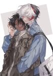  2boys absurdres alternate_costume arknights bag black_hair blue_jacket bracelet brown_eyes can casual chinese_commentary closed_mouth collared_jacket commentary dark-skinned_male dark_skin earclip earrings elysium_(arknights) expressionless glasses grey_eyes grey_jacket hand_in_another&#039;s_pocket hands_in_pockets highres holding holding_can hug hug_from_behind jacket jewelry long_sleeves male_focus multicolored_hair multiple_boys open_clothes open_jacket open_mouth pendant red_hair ring semi-rimless_eyewear shanzhamei23687 short_hair short_ponytail shoulder_bag smile sweater thorns_(arknights) turtleneck under-rim_eyewear upper_body white_hair white_sweater yaoi 