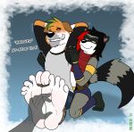  5_toes ankles_tied anthro blush bound canid canine canis domestic_dog duo eyes_closed feet female hands_behind_head hi_res highlights_(coloring) humanoid_feet irkingir izzy_(irkingir) jenn_(irkingir) male male/female mammal plantigrade procyonid raccoon shiba_inu spitz tickle_torture tickling tickling_armpits tickling_feet toes toes_tied 