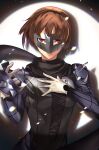  1girl biker_clothes bikesuit bodysuit braid brown_hair cross-laced_clothes crown_braid gloves grey_mask highres long_scarf niijima_makoto persona persona_5 red_eyes scarf short_hair shoulder_spikes simple_background spiked_knuckles spikes spotlight standing steel_mask upper_body wanderstillart white_gloves 