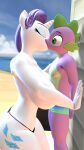  3d_(artwork) absurd_res age_difference anthro beach bikini_thong clothed clothing cutie_mark daemont92 digital_media_(artwork) dragon duo equid equine eyes_closed female friendship_is_magic fur hands_on_wall hasbro hi_res horn kissing male male/female mammal my_little_pony nipples purple_body purple_scales rarity_(mlp) sand scales scalie seaside spike_(mlp) swimming_trunks swimwear topless unicorn unicorn_horn water white_body white_fur wide_eyed 