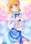  1girl ahoge artoria_pendragon_(fate) blonde_hair blue_ribbon blue_skirt blush braid breasts collared_shirt commentary_request fate/stay_night fate_(series) gift green_eyes hachi78b hair_ribbon hand_on_own_chest heart high-waist_skirt highres holding holding_gift long_sleeves looking_at_viewer marker_(medium) medium_breasts neck_ribbon ribbon saber shirt skirt smile solo traditional_media upper_body valentine white_shirt 