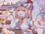 1girl blonde_hair bow cake cake_slice cup flandre_scarlet food highres hisu_(hisu_) jacket long_sleeves looking_at_viewer macaron open_mouth red_bow red_eyes red_jacket shirt solo tea tea_party teacup tiered_tray touhou white_headwear white_shirt window yellow_bow 