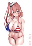  1girl alternate_costume american_flag_bikini bikini blue_eyes breasts brown_hair cleavage closed_mouth collarbone cropped_legs english_commentary flag_print groin hair_between_eyes highres huge_breasts kantai_collection long_hair looking_at_viewer navel one-hour_drawing_challenge print_swimsuit saratoga_(kancolle) side_ponytail smile smokestack solo swimsuit tf_cafe twitter_username white_background 