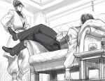  2boys alcohol beehive_hairdo brothers couch daniel_j._d&#039;arby earrings facial_mark greyscale hands_on_own_hips headband jewelry jojo_no_kimyou_na_bouken male_focus merumeru626 monochrome multiple_boys on_couch siblings sleeping stardust_crusaders terence_t._d&#039;arby vest waistcoat whiskey 