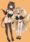  2girls absurdres alternate_costume animal_ears arknights black_panties black_shirt black_thighhighs blonde_hair blush border bound bound_wrists braid breasts brown_hair cleavage colored_tips cuffs demon_horns demon_tail earrings flying_sweatdrops fox_ears fox_girl fox_tail full_body green_eyes halloween_costume hands_up highres horns jewelry kitsune long_hair long_sleeves looking_at_viewer low_wings magallan_(arknights) medium_breasts multicolored_hair multiple_girls multiple_tails no_pants off-shoulder_shirt off_shoulder open_mouth orange_background panties shackles shirt short_hair shrug_(clothing) sigm@ simple_background sketch small_breasts smile streaked_hair suzuran_(arknights) sweatdrop tail thighhighs underwear white_border white_panties white_thighhighs wings yellow_eyes 