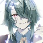  1boy blurry blurry_background campanella_(eiyuu_densetsu) eiyuu_densetsu facial_tattoo green_hair hair_over_one_eye natsusechoco necktie portrait red_eyes sidelocks smile solo sora_no_kiseki swept_bangs tattoo 