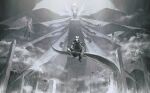  6+boys aleph_(megami_tensei) angel angel_wings black_hair camael commentary_request demon extra_arms extra_breasts feathered_wings greyscale holding holding_scythe holding_shield holding_sword holding_weapon katana long_hair looking_at_viewer metatron_(megami_tensei) monochrome monster multiple_boys multiple_wings o_c_x outstretched_arms sariel_(megami_tensei) satan_(megami_tensei) scythe shield shin_megami_tensei shin_megami_tensei_ii sitting sitting_on_another&#039;s_tail sitting_on_tail sparkle spread_arms sword visor_(armor) weapon wings 
