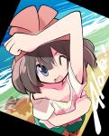  1girl ;d aqua_shorts arm_up beach beanie black_hair blue_eyes breasts cleavage collarbone downblouse floral_print from_above hair_between_eyes hat highres one_eye_closed pokemon pokemon_(game) pokemon_sm print_shirt rascal red_headwear rotom rotom_dex sand selene_(pokemon) shirt short_hair short_sleeves shorts small_breasts smile solo water white_shirt 