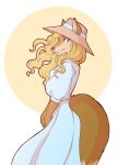  anthro blonde_hair blue_eyes brown_nose canid canine clothed clothing dipstick_tail dress female fox fur hair hat headgear headwear jennifer_sherwood looking_at_viewer mammal markings morgdl orange_body orange_fur solo tail tail_markings 