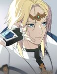  1boy aqua_eyes ark1478 bishounen black_gloves blonde_hair fingerless_gloves gloves guilty_gear guilty_gear_2 highres ky_kiske long_hair long_sleeves male_focus simple_background 