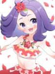  1girl acerola_(pokemon) acerola_(sygna_suit)_(pokemon) blush collarbone flower hair_flower hair_ornament highres looking_at_viewer midriff navel official_alternate_costume open_mouth petako_(ptpt_k) petals pokemon pokemon_(game) pokemon_masters_ex purple_eyes purple_hair simple_background smile solo white_background 