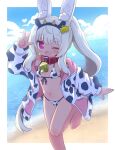  1girl ;d animal_ear_fluff animal_ears animal_print barefoot beach bell bikini blue_sky blush cloud cloudy_sky collar commentary_request cow_print day fang front-tie_bikini_top front-tie_top heart heart-shaped_pupils highres hood hood_down hooded_jacket horizon jacket long_hair long_sleeves masurao_2_(sekaiju) naga_u navel neck_bell ocean one_eye_closed open_clothes open_jacket ponytail print_bikini print_jacket puffy_long_sleeves puffy_sleeves purple_eyes rabbit_ears red_collar sand sekaiju_no_meikyuu sekaiju_no_meikyuu_5 side-tie_bikini_bottom sky smile solo standing standing_on_one_leg swimsuit symbol-shaped_pupils thick_eyebrows very_long_hair water white_hair 