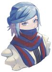  1boy aqua_eyes aqua_hair blue_scarf commentary eyelashes grusha_(pokemon) heart highres jacket looking_at_viewer male_focus mocacoffee_1001 pokemon pokemon_(game) pokemon_sv scarf scarf_over_mouth short_hair signature simple_background solo striped striped_scarf symbol-only_commentary upper_body white_background yellow_jacket 