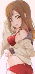  1girl ass bra brown_eyes brown_hair brown_shirt commentary_request highres hiroki_(yyqw7151) kunikida_hanamaru long_hair long_sleeves looking_at_viewer love_live! love_live!_sunshine!! open_clothes open_mouth open_shirt panties pink_background red_bra red_panties school_uniform shirt simple_background smile solo underwear uranohoshi_school_uniform 