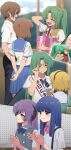  aru_aru baseball_bat baseball_cap black_hairband black_neckerchief blonde_hair blue_bow blue_bowtie blue_hair blue_neckerchief blue_skirt bow bowtie box brown_hair clapping collared_shirt film_grain furude_rika gift gift_box green_hair hair_ribbon hairband hanyuu hat highres higurashi_no_naku_koro_ni holding holding_gift horns houjou_satoko indoors laughing long_hair maebara_keiichi multiple_views neckerchief one_eye_closed open_mouth pink_bow pink_bowtie pleated_skirt ponytail purple_hair ribbon ryuuguu_rena sailor_collar school_uniform shirt sidelocks skirt smile sonozaki_mion sonozaki_shion striped_neckerchief tears very_long_hair vest white_shirt yellow_ribbon yellow_vest 