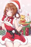  1girl :q absurdres black_bow bound bow braid brown_hair christmas cleavage_cutout closed_mouth clothing_cutout commentary delicious_party_precure dress fur-trimmed_dress fur-trimmed_gloves fur_trim gift gloves hair_ornament hair_rings hairclip hanamichi_ran hat highres holding holding_tray index_finger_raised licking_lips looking_at_viewer medium_hair mem-mem_(precure) no_shoes one_eye_closed precure red_dress red_eyes red_gloves santa_dress santa_gloves santa_hat short_dress shuu_(mniarnoakou) sitting sleeveless sleeveless_dress smile snowflake_background snowflake_hair_ornament snowman solo sweatdrop thighhighs tied_up_(nonsexual) tongue tongue_out tray twin_braids twitter_username wariza white_thighhighs 