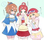  ? ahoge amitie_(puyopuyo) andou_ringo apple_inc. arle_nadja armor ascot belt blonde_hair blue_cape blue_skirt breastplate brown_eyes brown_hair cape cellphone drill_hair green_bracelet green_eyes holding holding_phone hooded_shirt kashima_miyako looking_at_phone open_mouth phone pink_shirt purple_ascot puyo_(puyopuyo) puyopuyo puyopuyo_7 puyopuyo_fever red_belt red_hair red_headwear shirt shorts skirt smartphone sparkle spoken_question_mark spoken_sound_effect sweater_vest translation_request twin_drills white_shirt yellow_shorts yellow_sweater_vest 