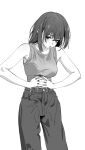  1girl belt breasts greyscale hair_between_eyes hands_on_own_stomach highres large_breasts long_hair looking_at_viewer messy_hair monochrome original pants parted_lips saitama_(antitankromeo) simple_background sleeveless solo tank_top 