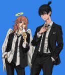  1boy 1girl :| angel_devil_(chainsaw_man) black_hair black_jacket black_necktie black_pants black_suit blazer blue_background blue_eyes breast_pocket brown_hair buttoned_cuffs chainsaw_man closed_mouth collared_shirt cowboy_shot earrings expressionless food hair_between_eyes hand_in_pocket hand_on_own_chest hayakawa_aki highres holding holding_food holding_ice_cream ice_cream jacket jewelry legs_apart long_bangs long_hair long_sleeves looking_ahead looking_at_viewer multiple_rings necktie open_clothes open_jacket open_mouth pants pocket red_eyes ring shiren_(ourboy83) shirt shirt_tucked_in short_hair sidelocks simple_background straight_hair stud_earrings suit suspenders tongue tongue_out updo white_shirt 