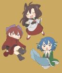  +_+ 3girls animal_ears blue_eyes blue_hair blush boots bow brooch brown_hair citrus_(place) cloak closed_eyes commentary_request drill_hair drill_sidelocks fangs fins frilled_kimono frills grass_root_youkai_network green_kimono hair_bow head_fins highres imaizumi_kagerou japanese_clothes jewelry kimono kneeless_mermaid long_hair long_sleeves mermaid monster_girl multiple_girls obi open_mouth own_hands_together purple_bow red_brooch red_cloak red_eyes red_footwear red_hair red_skirt sash sekibanki short_hair sidelocks simple_background skirt smile tail touhou wakasagihime wide_sleeves wolf_ears wolf_girl yellow_background 