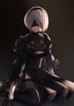  1girl 2b_(nier:automata) absurdres annno_ans black_background black_blindfold black_dress black_footwear black_gloves black_hairband blindfold boots breasts cleavage_cutout closed_mouth clothing_cutout covered_eyes dress facing_viewer feather-trimmed_sleeves feet_out_of_frame gloves hairband highres juliet_sleeves leather leather_boots long_sleeves medium_breasts mole mole_under_mouth nier:automata nier_(series) puffy_sleeves short_hair sidelighting sitting solo thigh_boots thighhighs thighhighs_under_boots vambraces wariza white_hair 