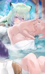  1girl absurdres animal_ears blue_archive blush chankuro closed_mouth green_hair hair_between_eyes halo highres looking_at_viewer naked_towel official_alternate_costume onsen purple_halo shigure_(blue_archive) shigure_(hot_spring)_(blue_archive) short_hair smile solo towel water weasel_ears white_towel 