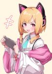  1girl :d absurdres animal_ear_headphones animal_ears aqua_necktie blonde_hair blue_archive bow cat_ear_headphones commentary_request fake_animal_ears hair_bow hakurou_hokuto handheld_game_console headphones highres holding holding_handheld_game_console jacket long_sleeves looking_at_viewer momoi_(blue_archive) necktie open_mouth pink_eyes red_bow shirt short_hair simple_background smile solo teeth upper_teeth_only white_jacket white_shirt yellow_background 